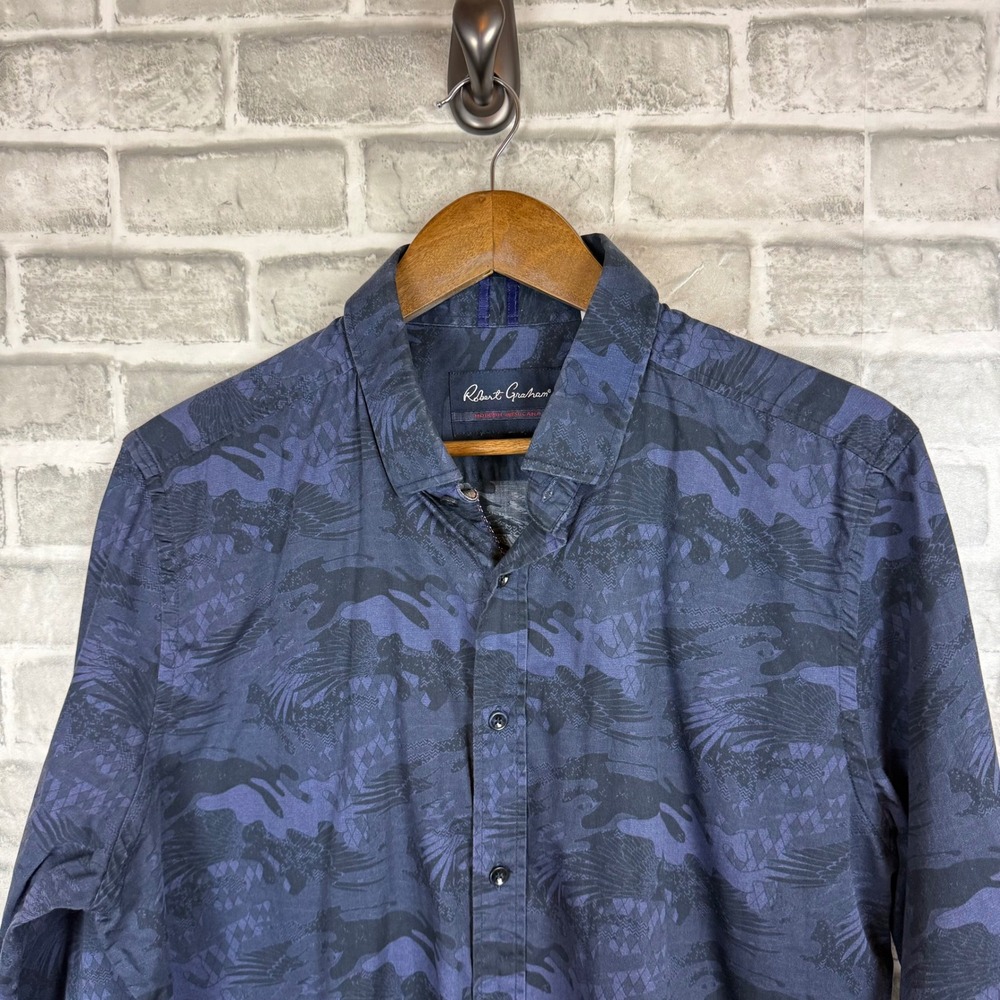 Robert Graham Mens XL Tailored Fit Navy Blue Camo Bird Print Button Down Shirt